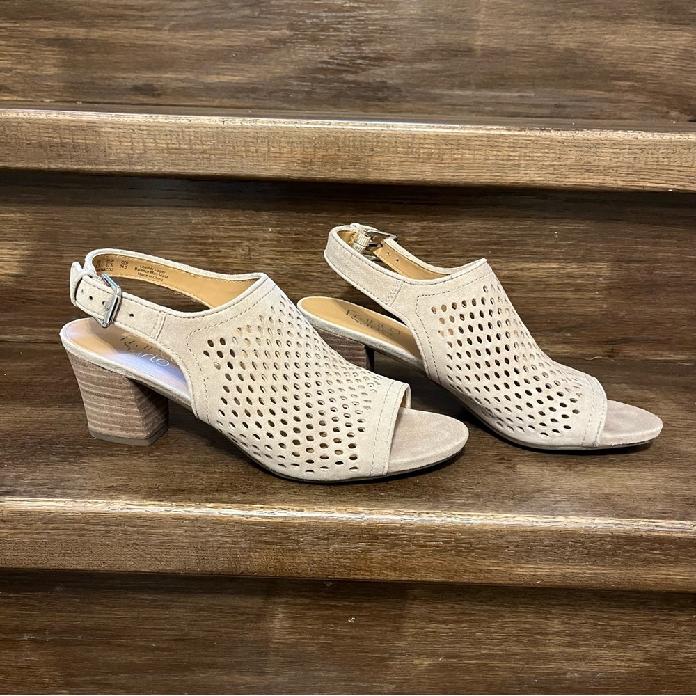 Franco Sarto Perforated Open-Toe Beige/Taupe Leather Heels. Women’s size US 7.5